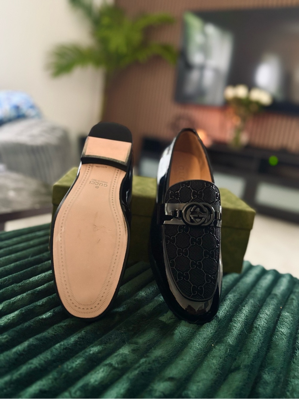 Gucci Black Patent Leather & Embossed GG Loafers - Picture 2 of 3